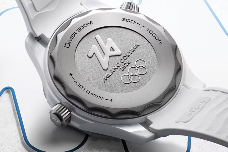 Detalle de la esfera escarchada del Omega Seamaster Diver 300M Milano Cortina 2026