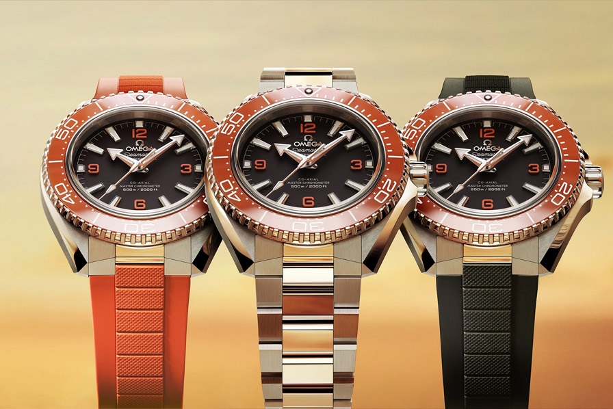 Tres versiones del Omega Seamaster Planet Ocean con bisel de cerámica naranja y acabados en oro